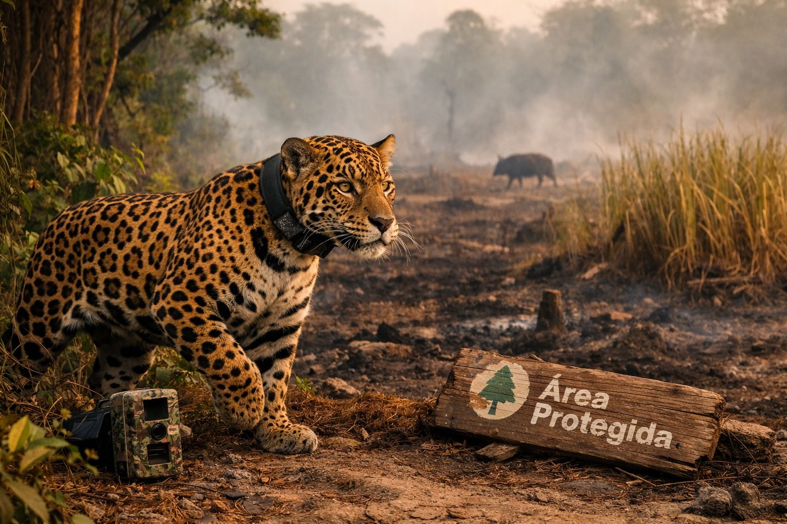 Onça-pintada com coleira rastreadora em área protegida de floresta parcialmente queimada.