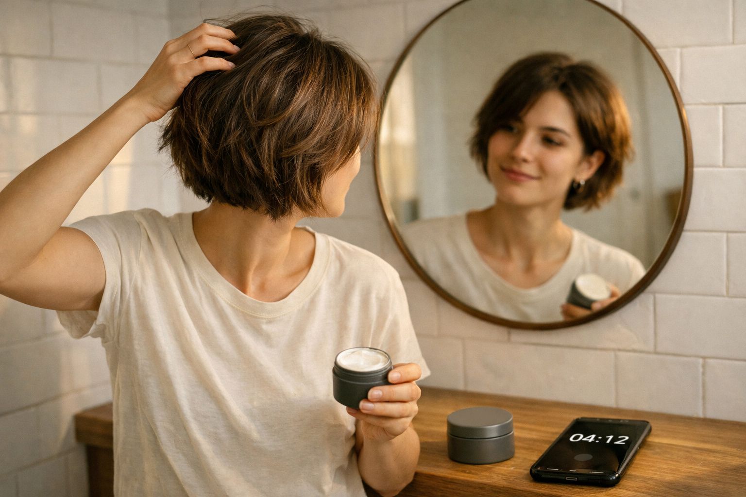 Mulher com cabelo curto aplica creme no rosto enquanto se olha no espelho redondo.