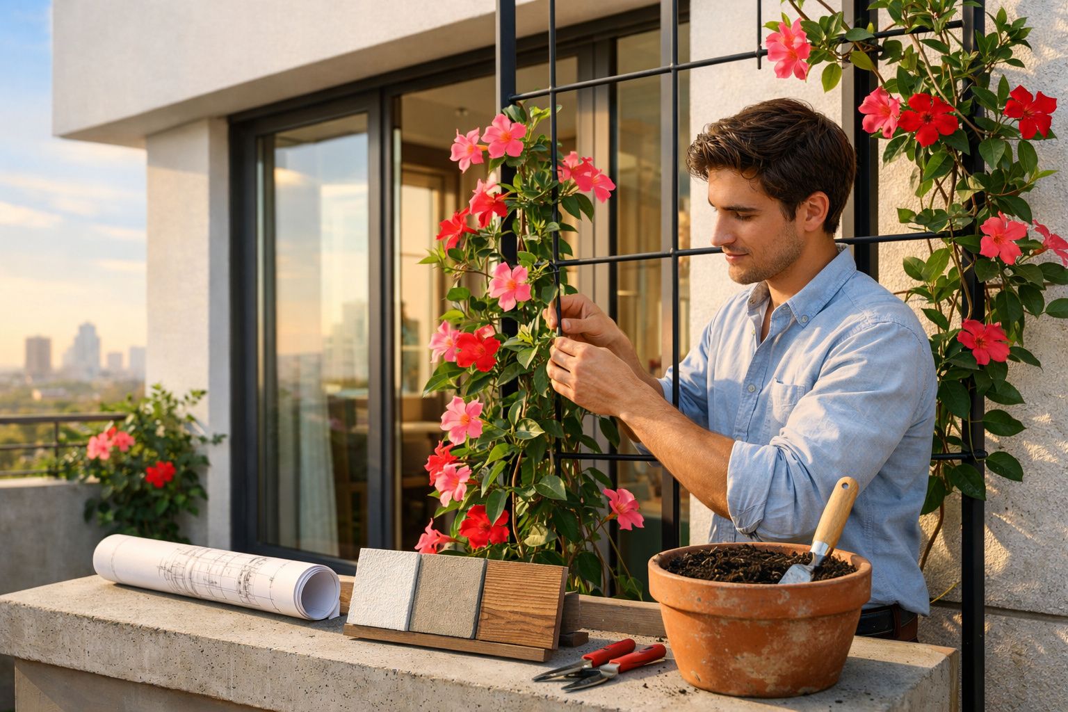 Homem cuidando de planta com flores rosas em varanda com materiais de jardinagem.
