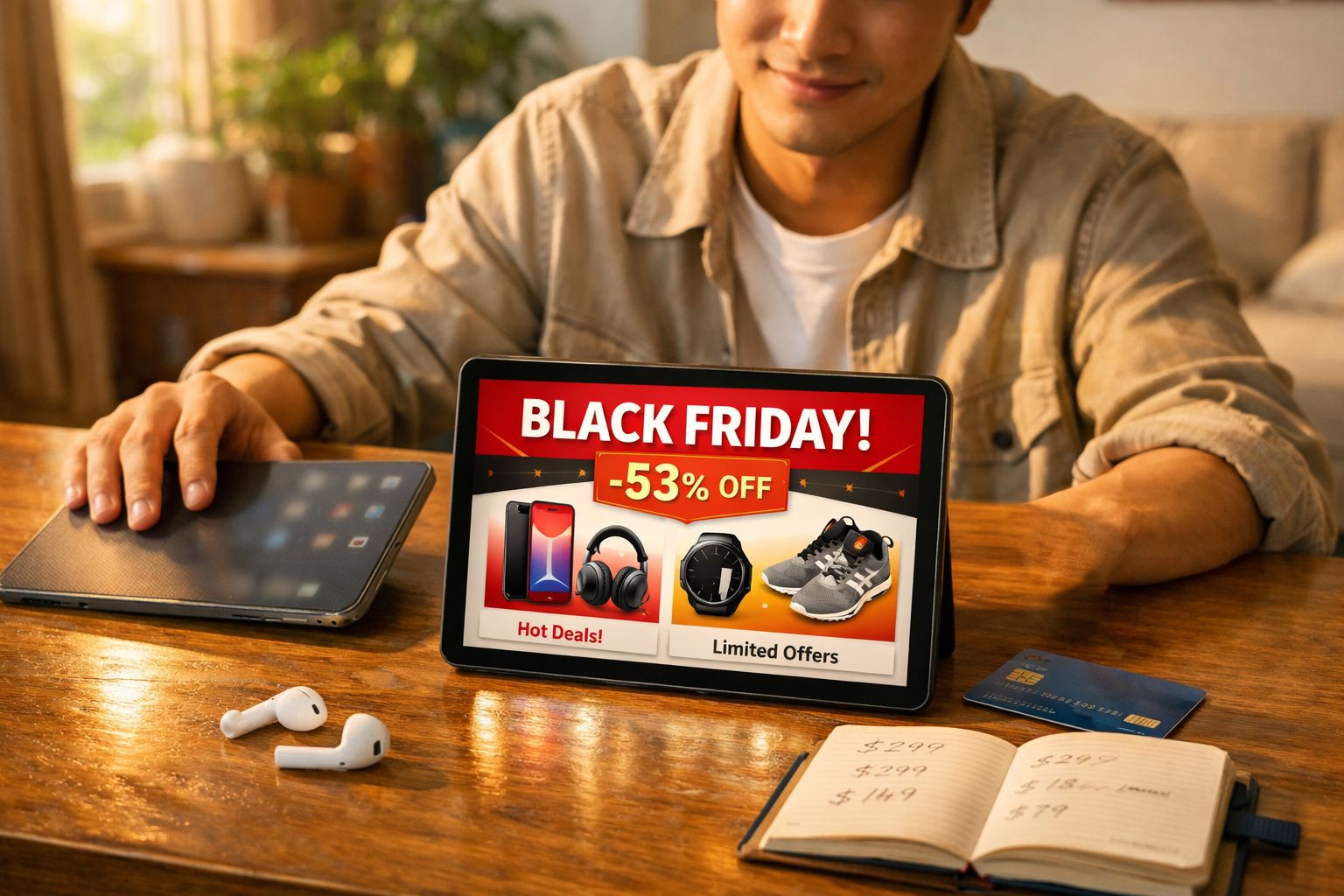 Pessoa navegando em tablet com promoção de Black Friday de 53% de desconto em eletrônicos e calçados.