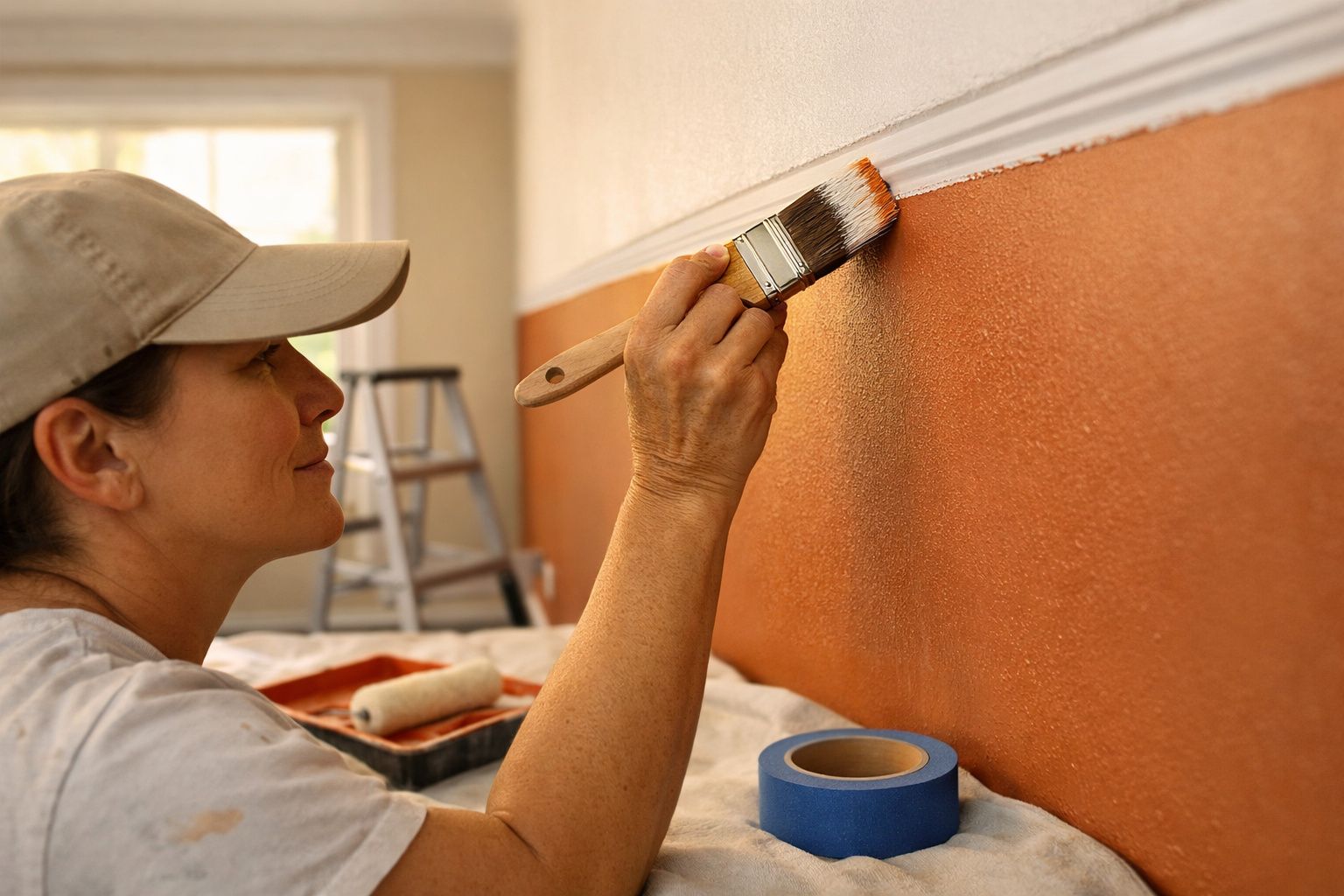Mulher pintando a parte superior da parede branca com pincel, enquanto a parte inferior é marrom.