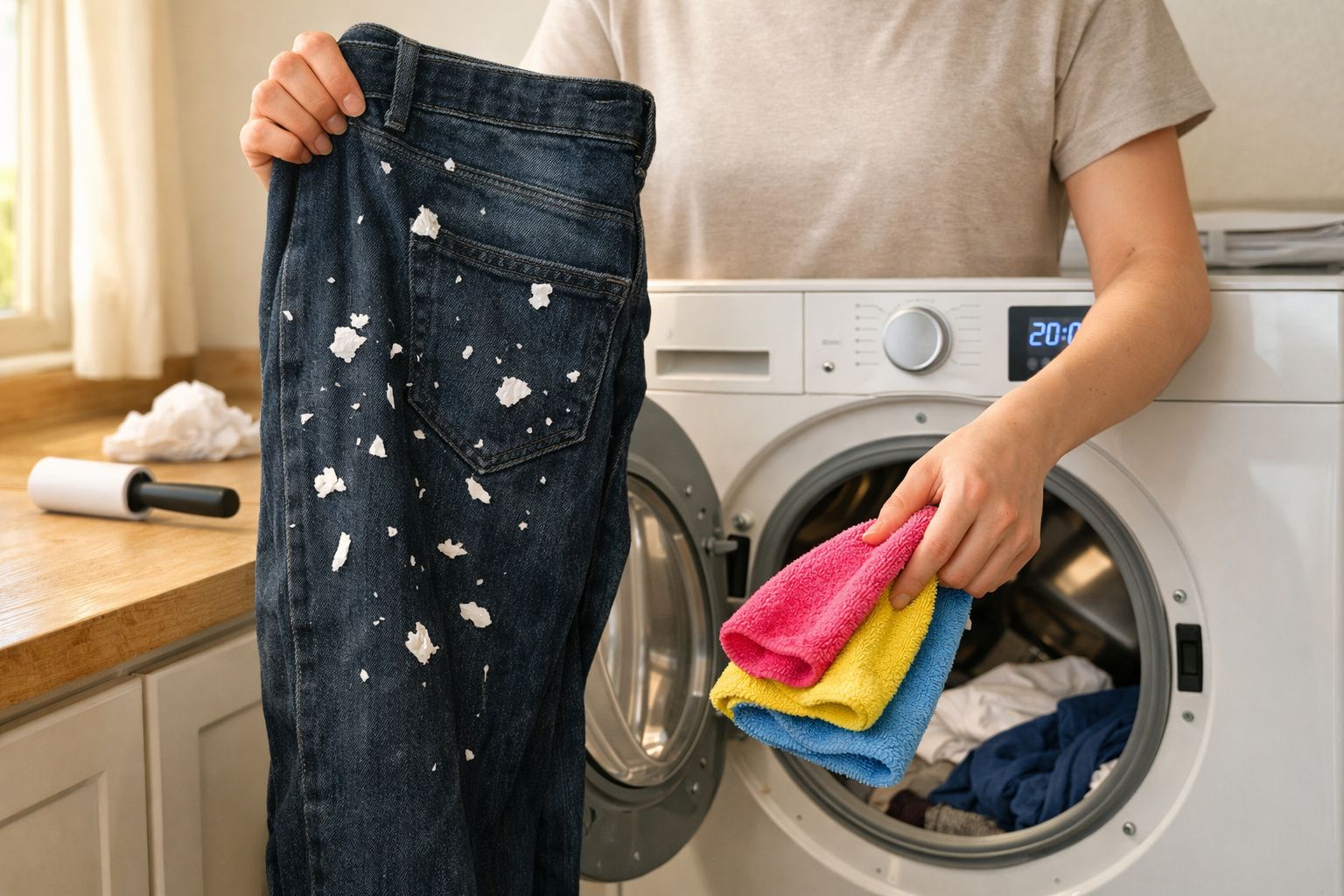 Pessoa segurando calça jeans manchada de tinta branca e panos coloridos na frente de máquina de lavar roupas.