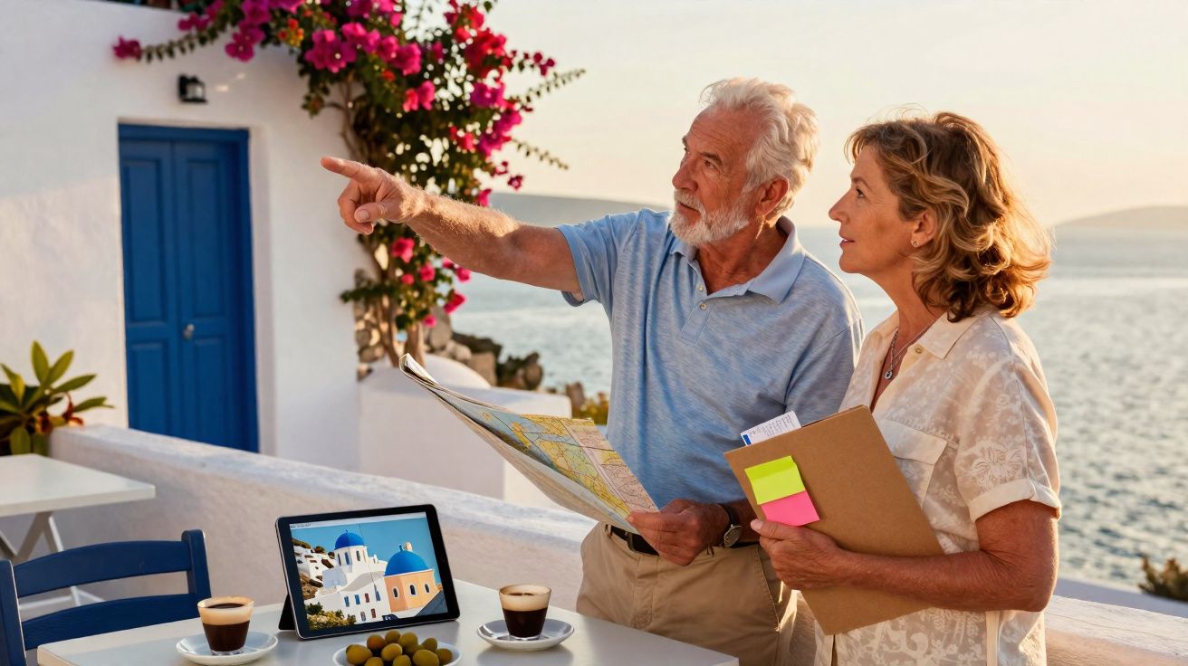 Casal de idosos em varanda com vista para o mar, segurando mapa e caderno, planejam viagem ao ar livre.