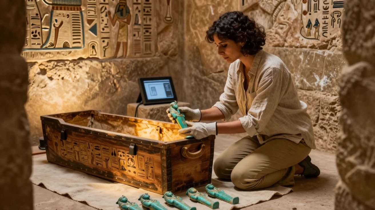 Mulher examinando estátuas egípcias verdes ao lado de um sarcófago antigo dentro de tumba decorada com hieróglifos.