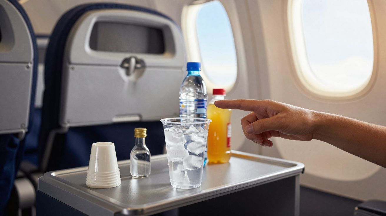 Assento de avião com bandeja aberta contendo copo com gelo, garrafa de água, bebida laranja e mão apontando.