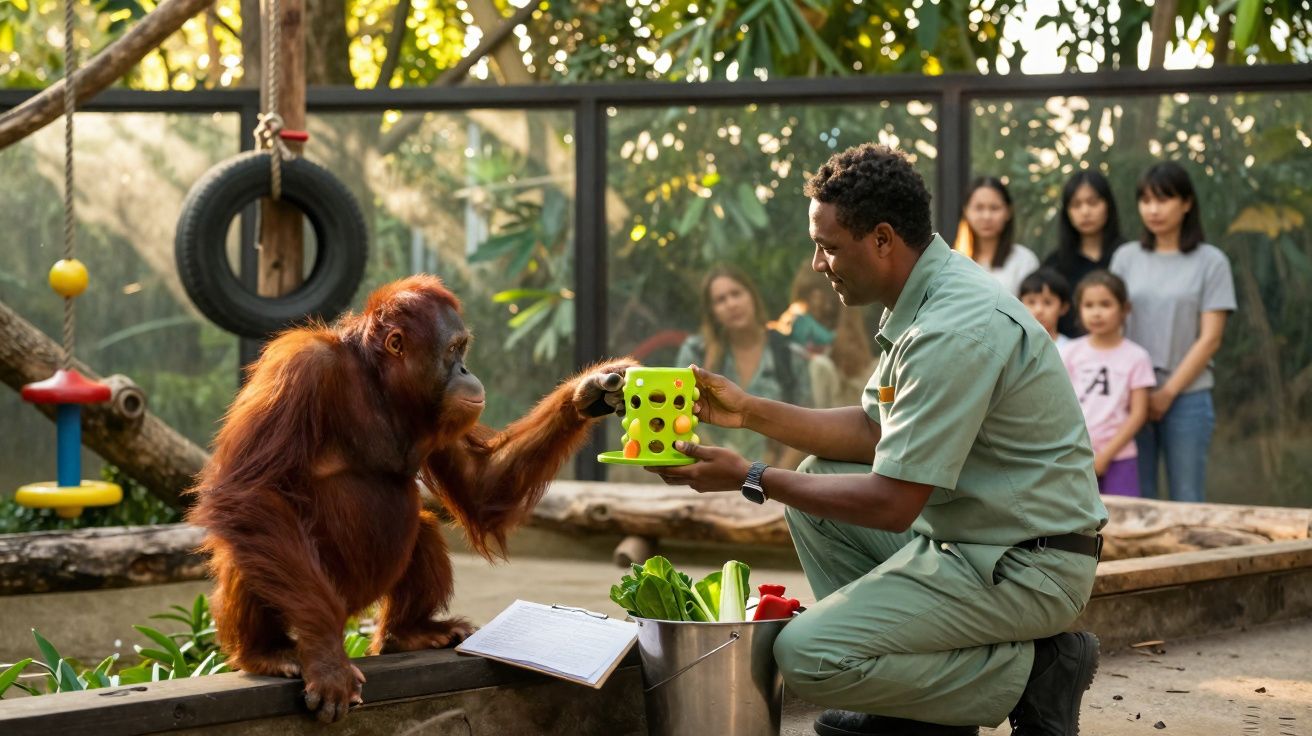 Tratador alimenta orangotango enquanto visitantes observam em área externa de zoológico.
