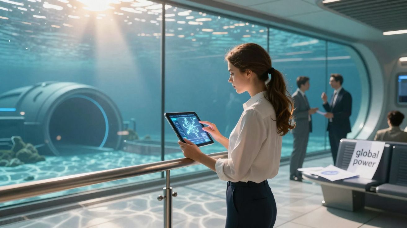 Mulher usando tablet, em ambiente futurista com túnel subaquático e pessoas ao fundo conversando.