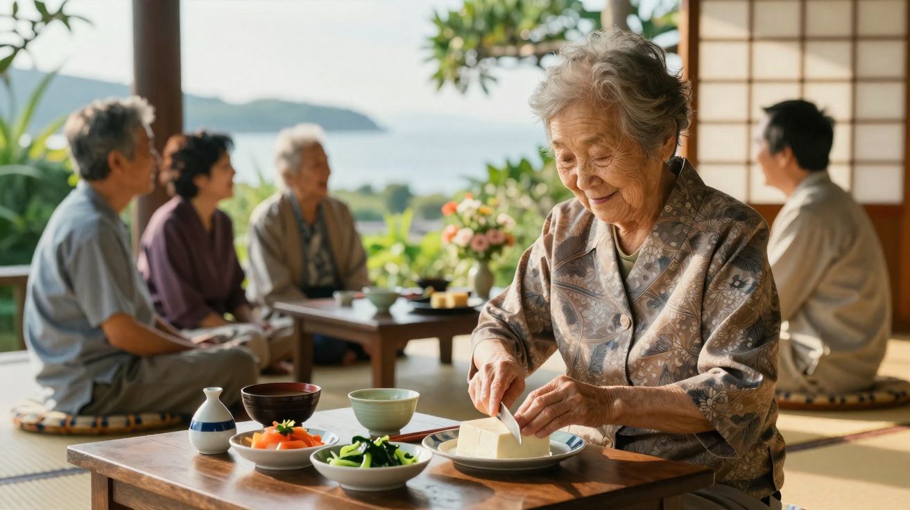 Idosa japonesa cortando tofu à mesa com outras pessoas ao fundo em ambiente tradicional japonês.