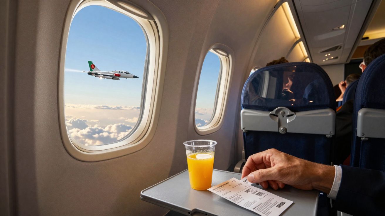 Vista da janela de um avião durante voo, com copo de suco e mão segurando cartão em bandeja.