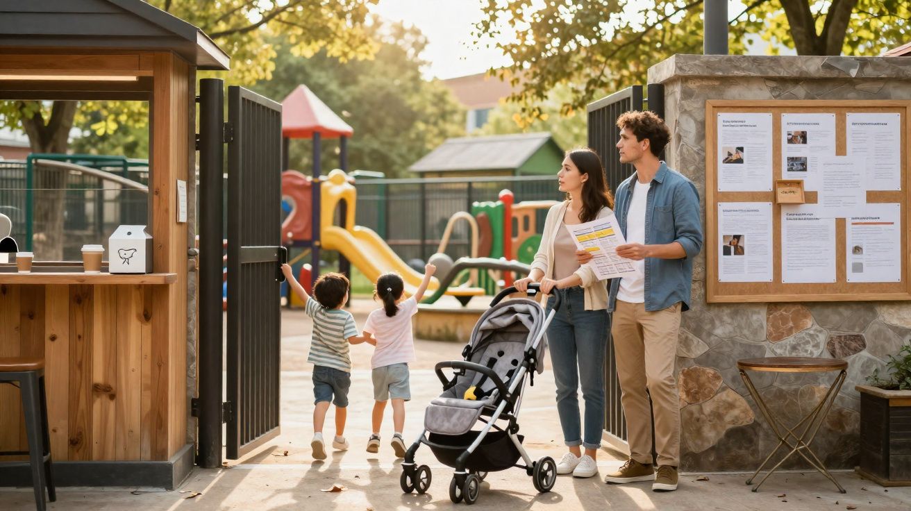 Família entrando em playground com duas crianças correndo e casal com carrinho e mapa na mão.