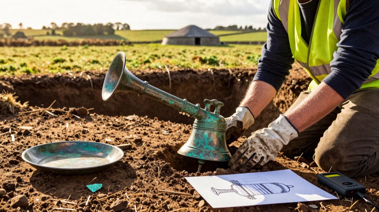 Arqueólogo manuseia peça antiga de bronze em escavação ao ar livre, com desenho e prato ao lado.