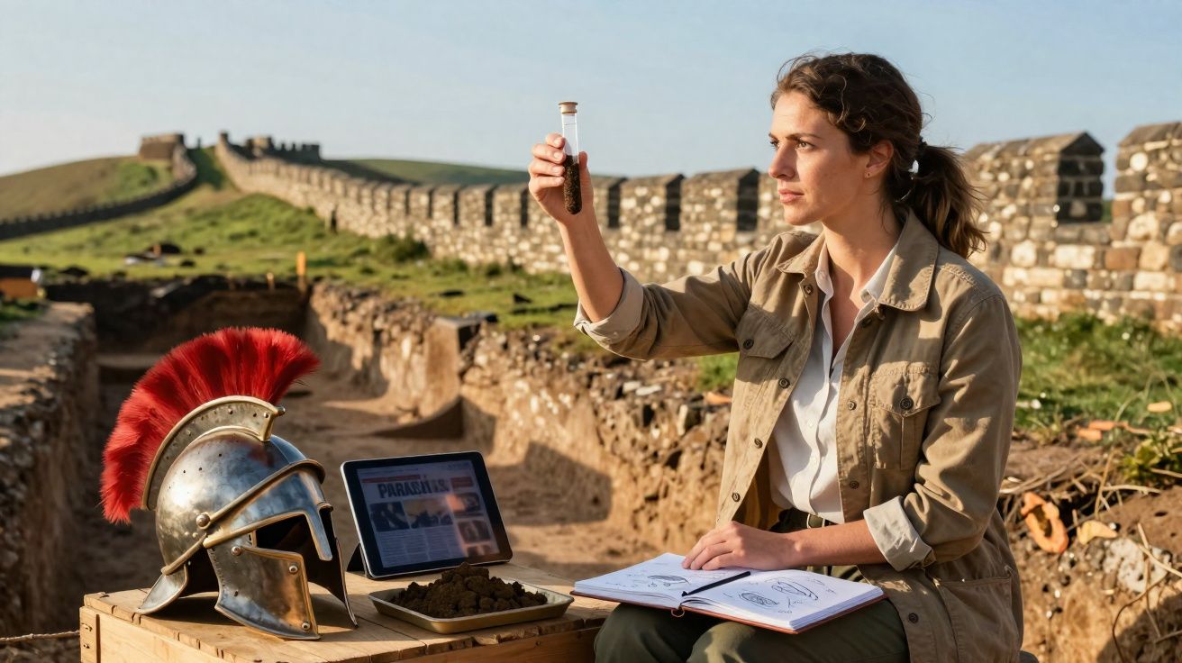 Mulher arqueóloga examina amostra de solo em sítio arqueológico ao ar livre com capacete romano e laptop.