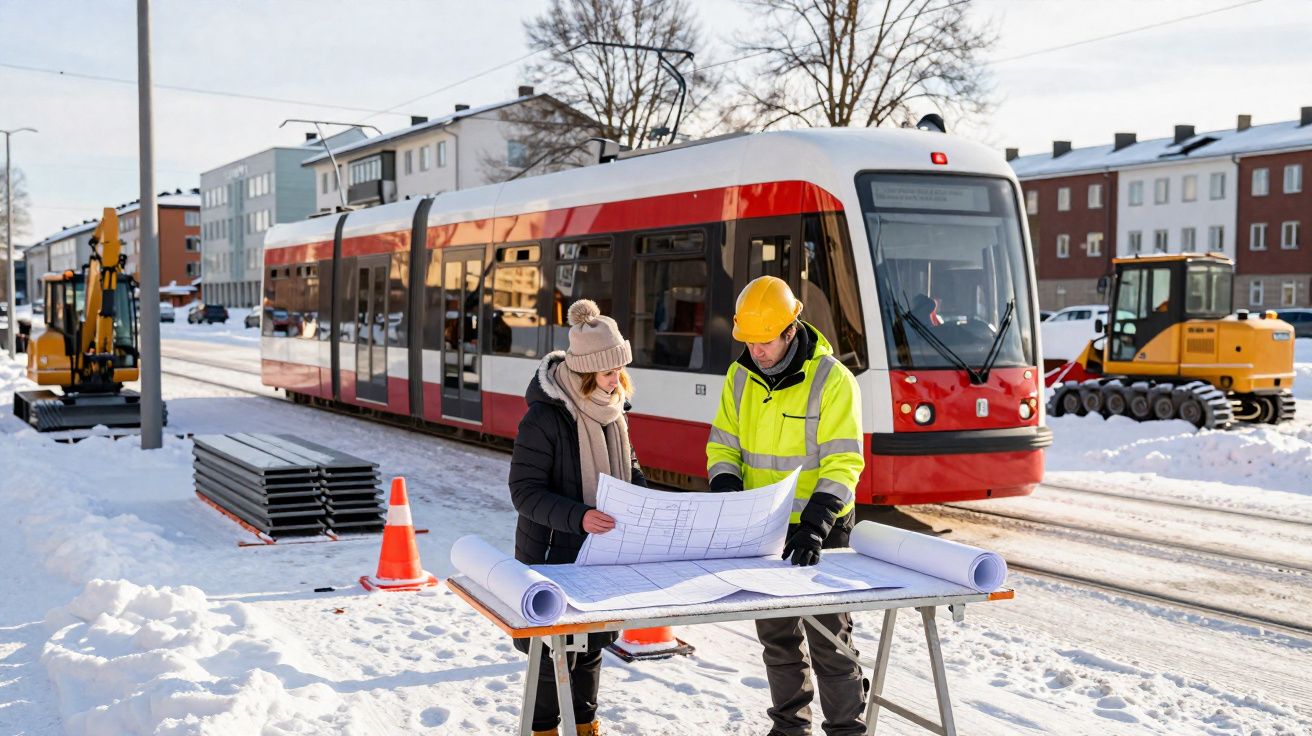 Dois trabalhadores analisam plantas ao ar livre em obras de trilhos de bonde, com neve no chão e máquinas ao fundo.