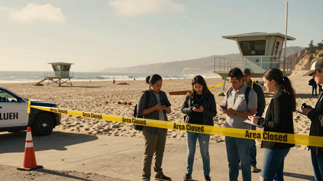 Pessoas atrás de faixa amarela de área interditada na praia com guarita ao fundo e viatura policial.