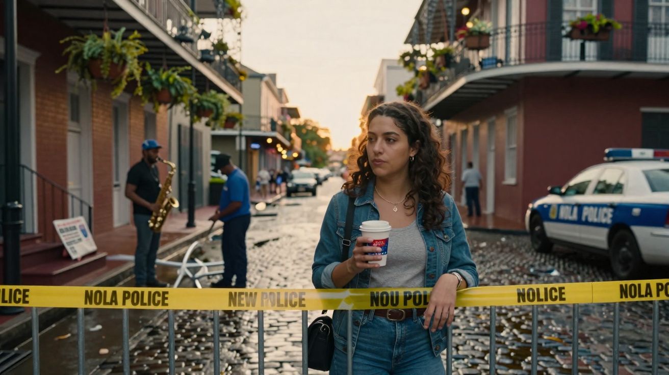 Mulher com café segura fita amarela de polícia em rua com viatura e policiais ao fundo.