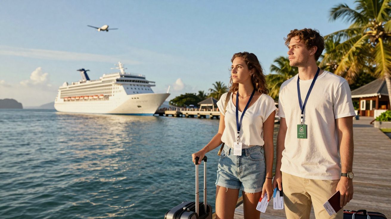 Casal jovem com malas observa navio de cruzeiro ancorado em cais de resort tropical ao entardecer.