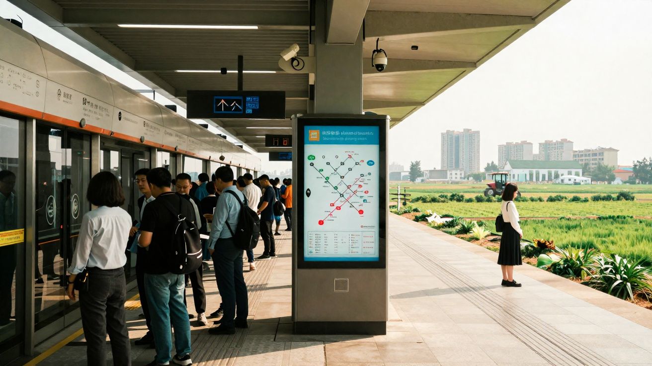 Pessoas aguardam trem em plataforma de estação moderna com mapa interativo e área verde ao fundo.