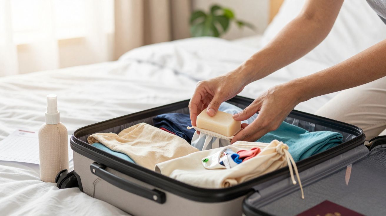 Pessoa arrumando mala com roupas na cama, colocando sabonete entre as vestimentas.