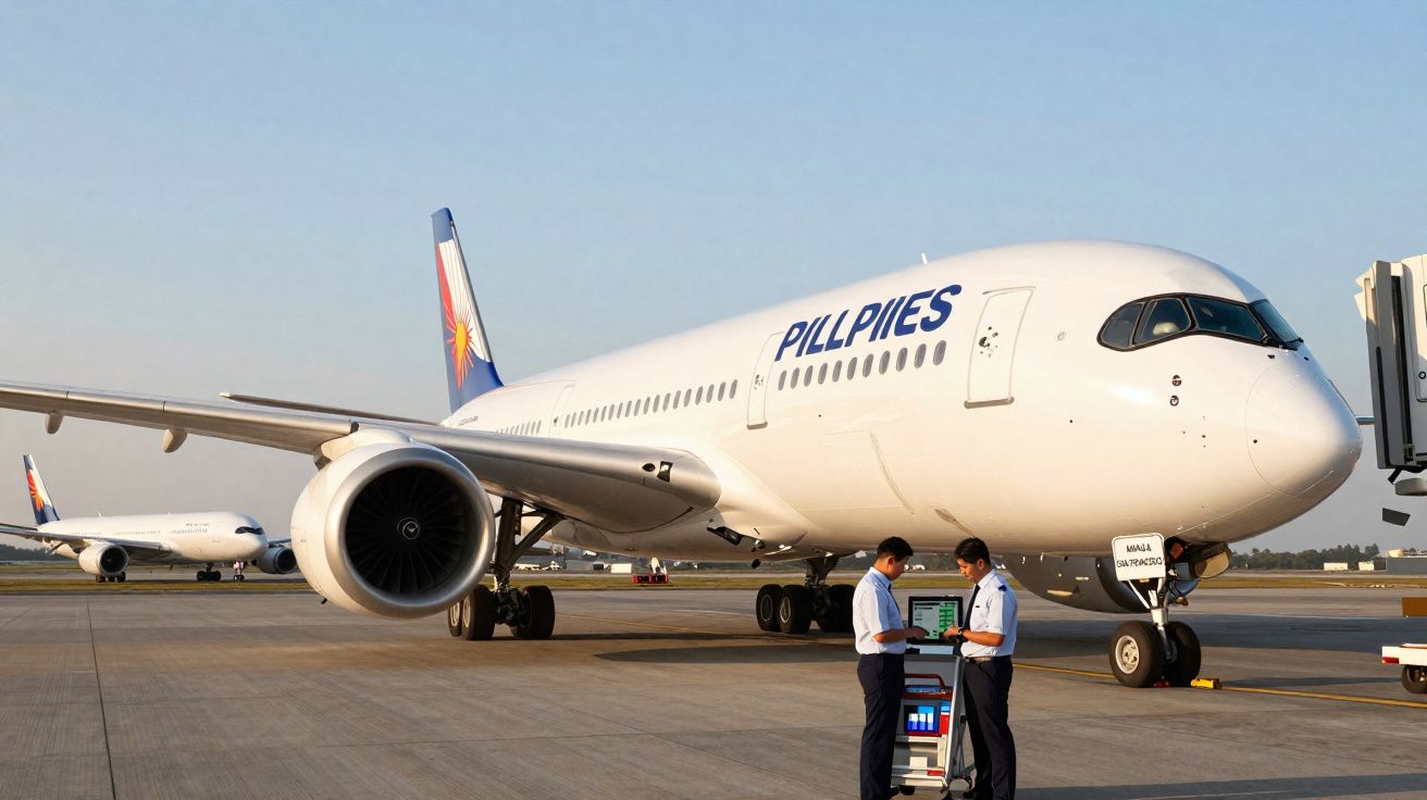 Avião da companhia Philippines estacionado no aeroporto com dois funcionários em frente.