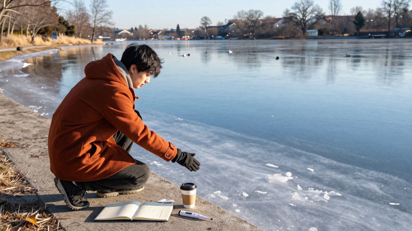 Jovem de casaco laranja agachado ao lado de lago congelado com caderno, caneta e copo de café na borda.