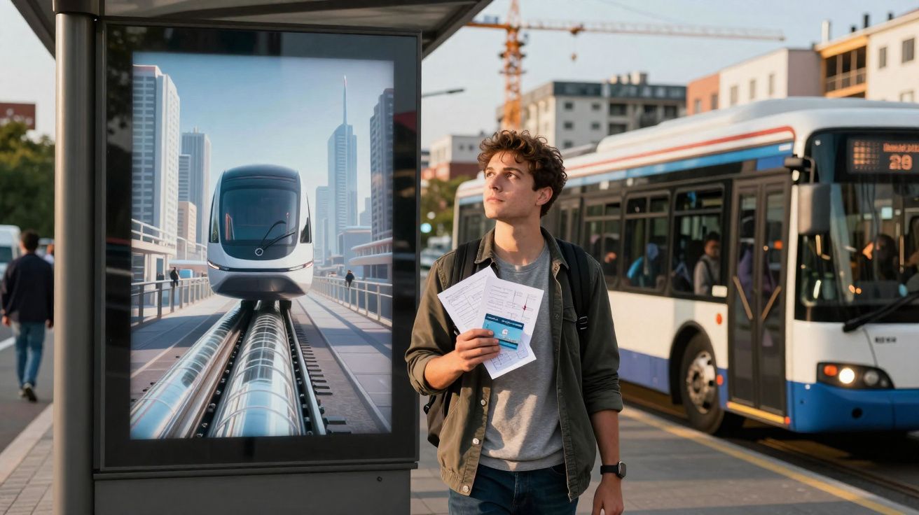 Jovem segurando bilhetes próximo a ponto de ônibus com ônibus estacionado e cartaz de trem moderno.