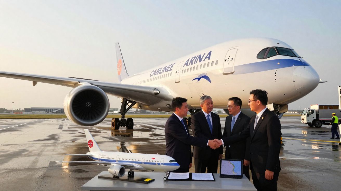 Quatro homens de terno apertam as mãos perto de avião grande com modelo de avião na mesa.