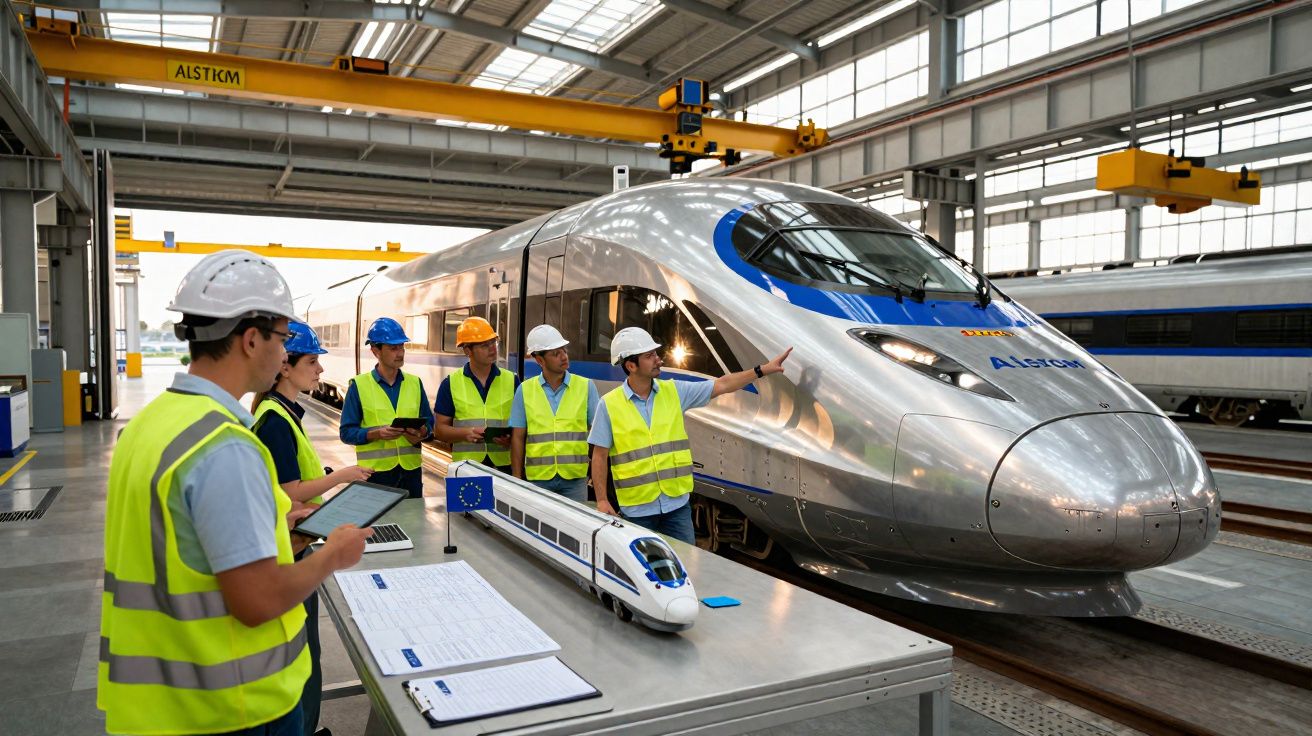 Engenheiros com coletes e capacetes discutem projeto ao lado de trem-bala em estação industrial moderna.