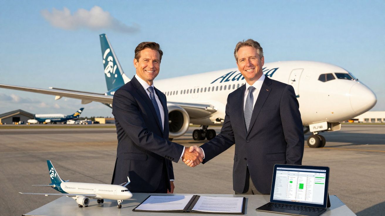 Dois homens de terno apertando as mãos em frente a um avião da Alaska Airlines durante o dia.