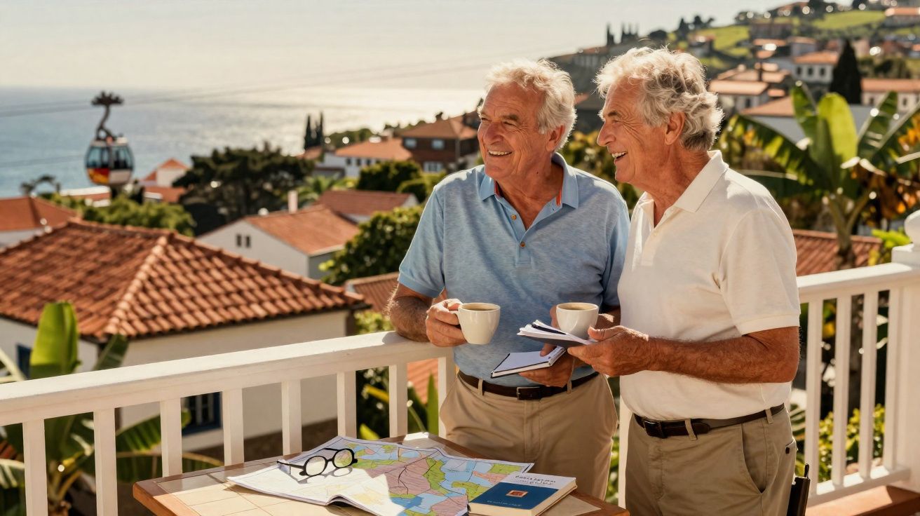 Dois homens idosos sorrindo e segurando cafés em varanda com vista para casas e mar ao fundo.