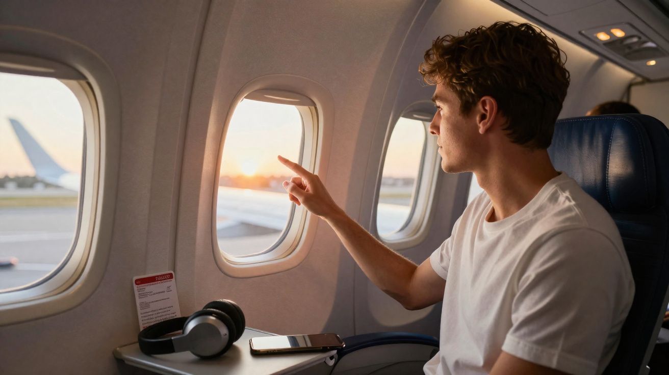 Jovem sentado em poltrona de avião olhando e apontando pela janela durante o pôr do sol.