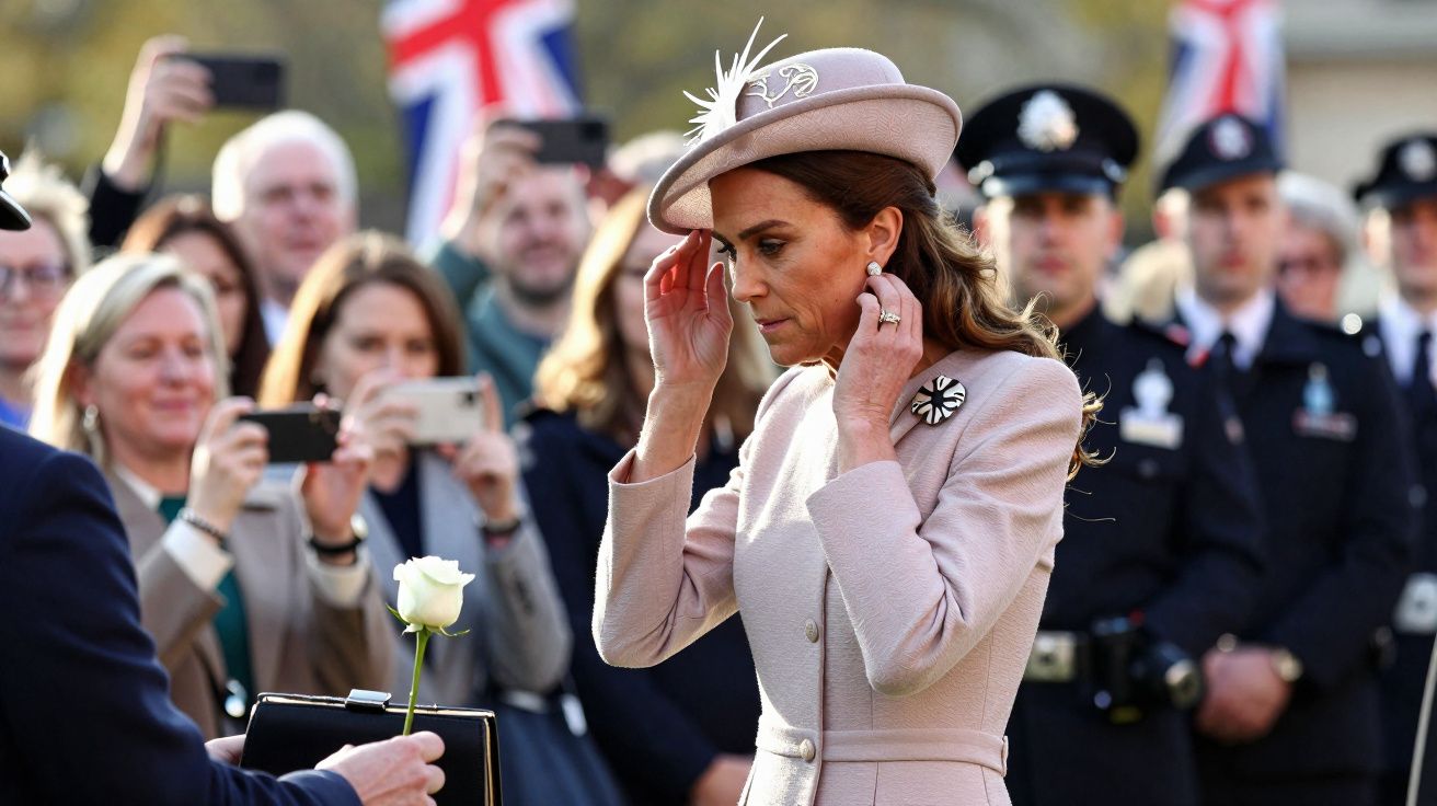Mulher elegante de chapéu recebe rosa branca enquanto pessoas e policiais observam ao fundo.