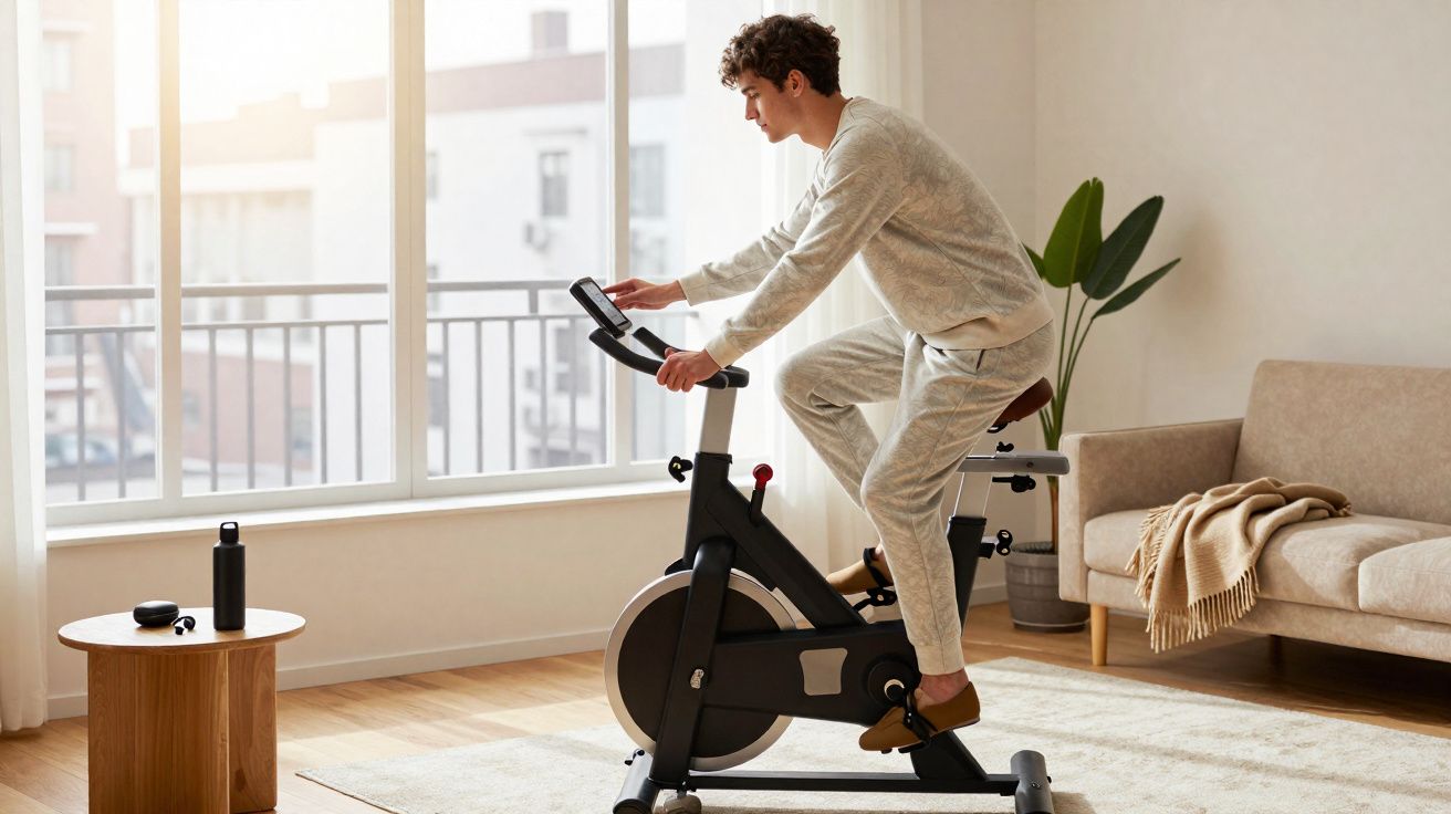 Jovem treinando em bicicleta ergométrica em sala de estar clara com sofá e planta ao fundo.