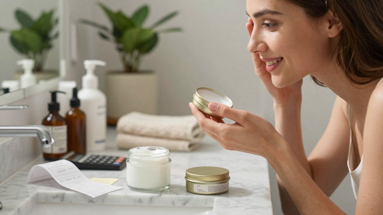Mulher sorrindo aplicando creme facial em um banheiro com plantas e produtos no balcão.
