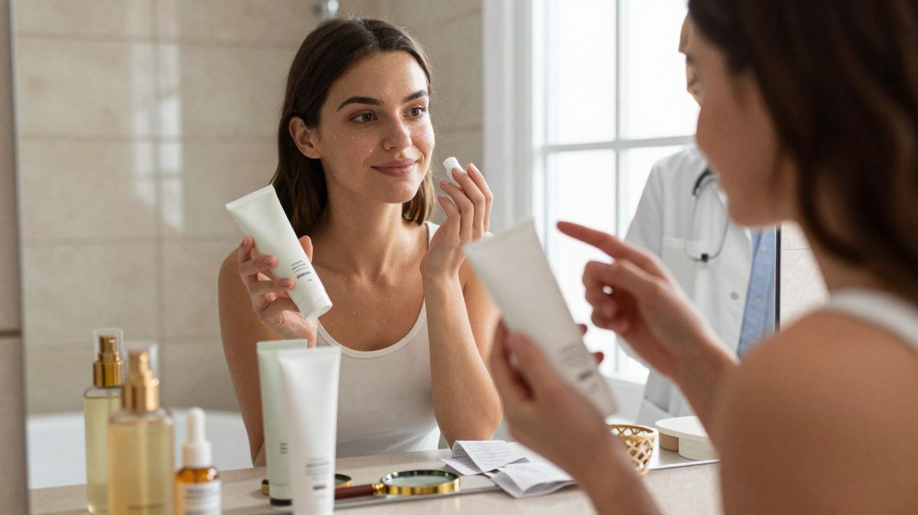 Mulher aplicando creme facial na frente do espelho, com frascos de cosméticos na bancada do banheiro.
