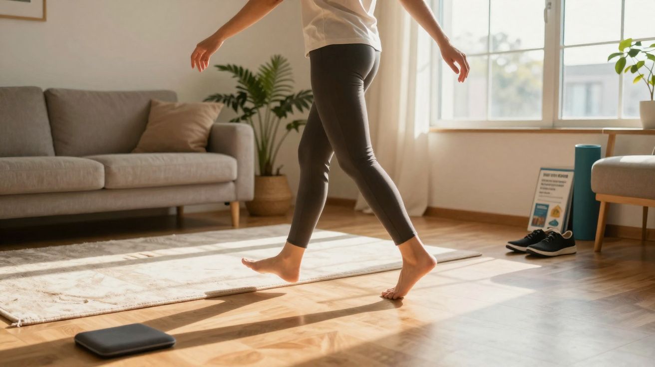 Pessoa caminhando descalça em sala iluminada com sofá, planta e tapete claro.