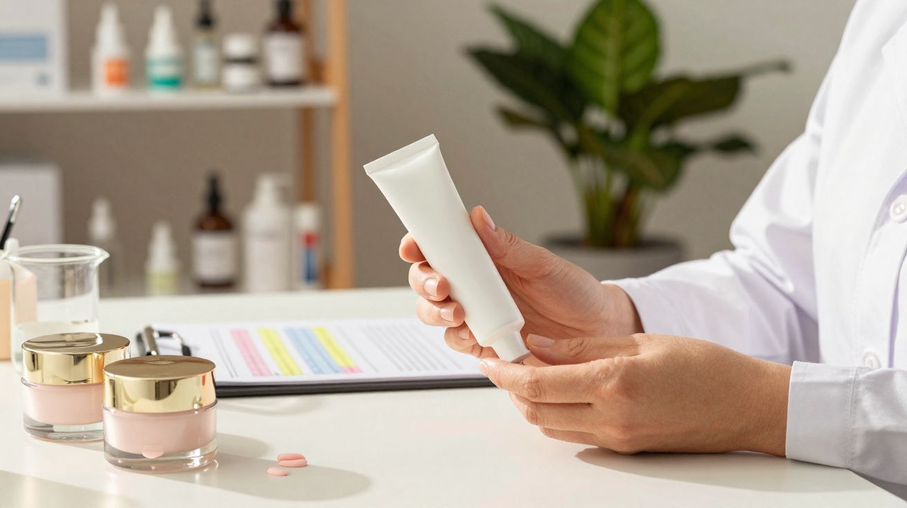 Mãos segurando bisnaga branca com cremes, pílulas e papéis sobre mesa em ambiente clínico.