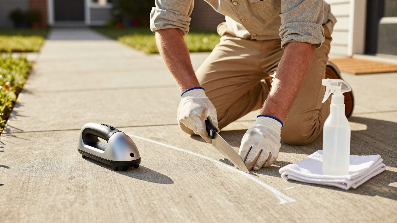 Pessoa usando faca para cortar ou limpar sujeira em ranhura de calçada de concreto com luvas e spray.