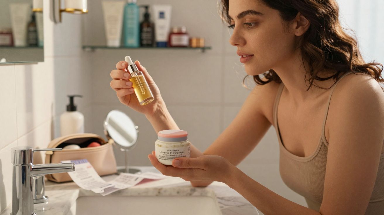 Mulher aplicando sérum facial em um banheiro com espelho e produtos de beleza ao fundo.