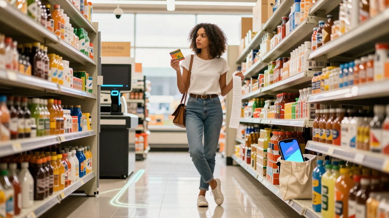 Mulher jovem com lista de compras em corredor de supermercado, analisando produto na mão.