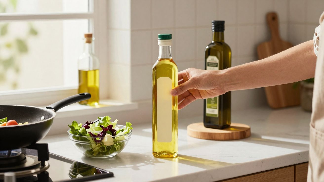 Mão segurando garrafa de azeite na cozinha com salada e frigideira ao fundo.