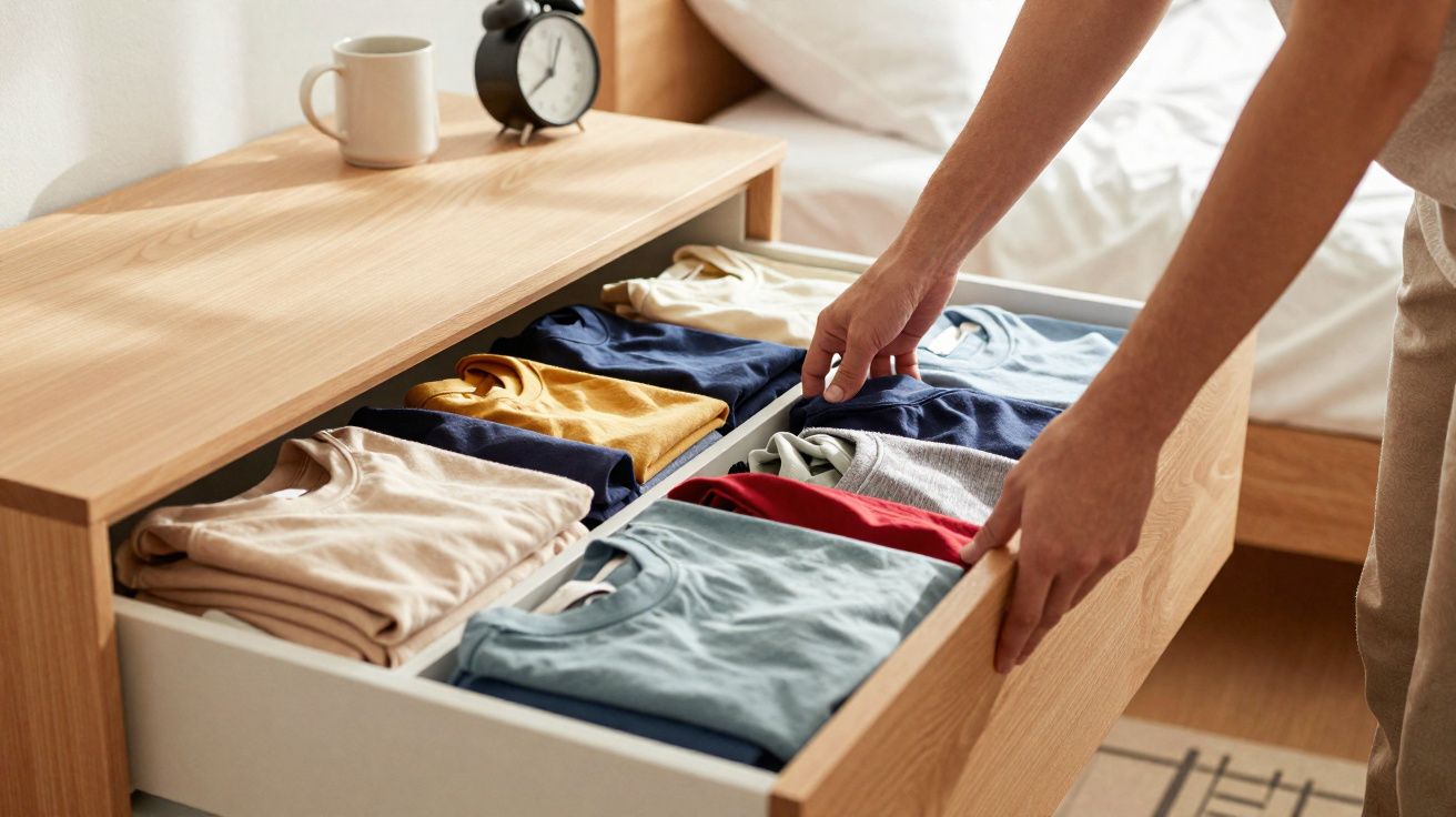 Pessoa organizando camisetas coloridas em gaveta de madeira em quarto ao lado de cama e mesa de cabeceira.