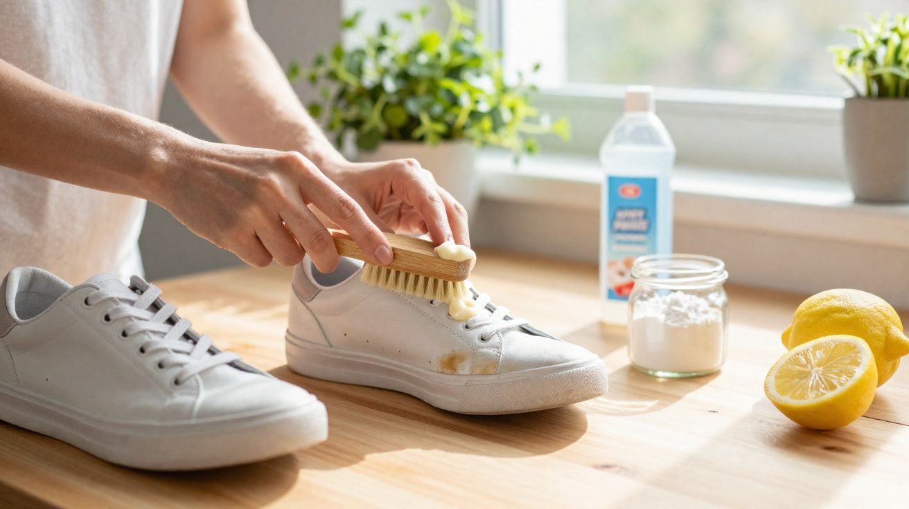 Pessoa usando escova para limpar tênis branco com bicarbonato e limão sobre mesa de madeira.