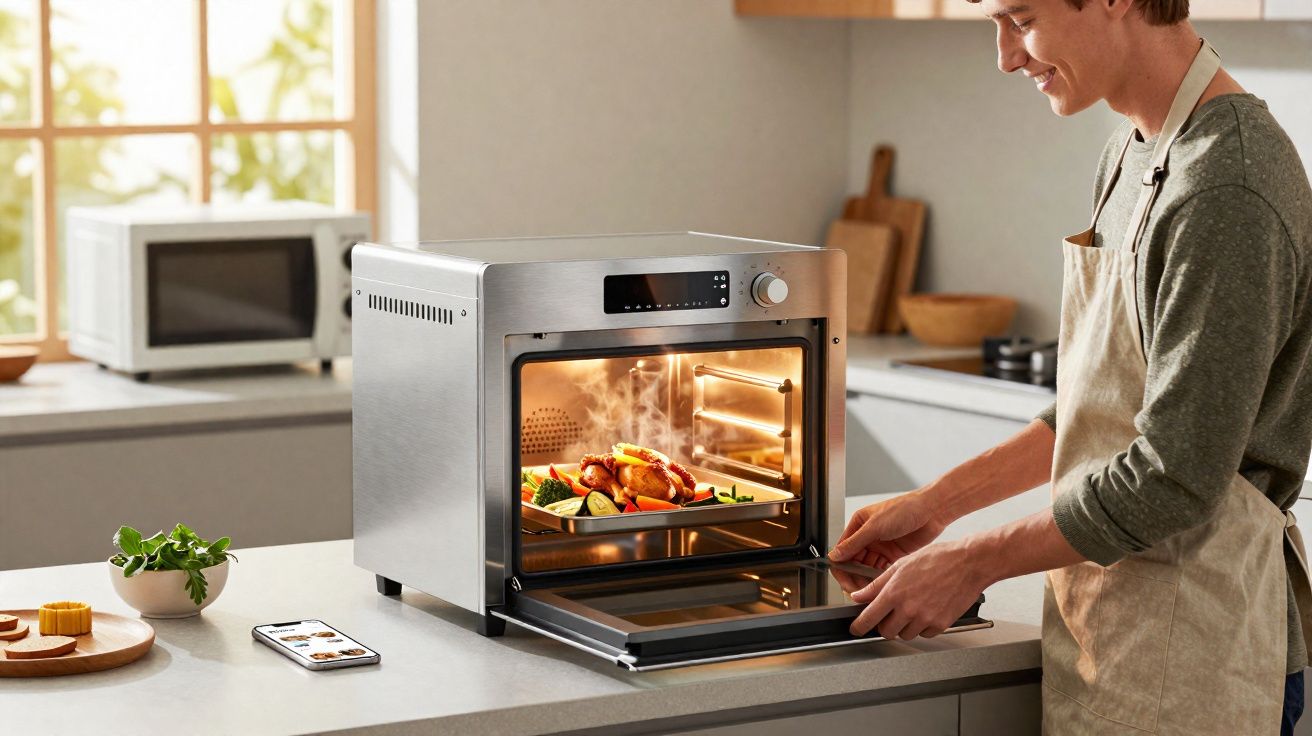 Homem abrindo forno elétrico com prato de frango e legumes cozinhando na cozinha moderna.