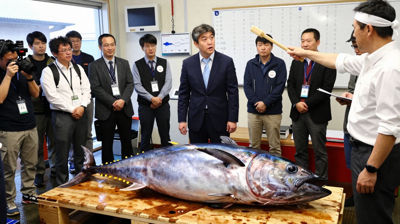 Homens observam peixe atum gigante sobre mesa durante leilão em ambiente interno.