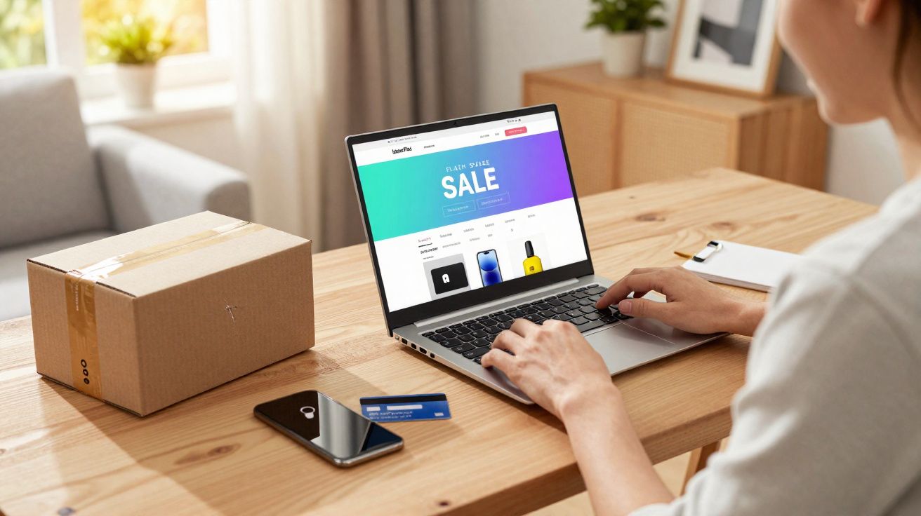 Pessoa fazendo compra online em notebook, com caixa, celular e cartão de crédito sobre mesa de madeira.