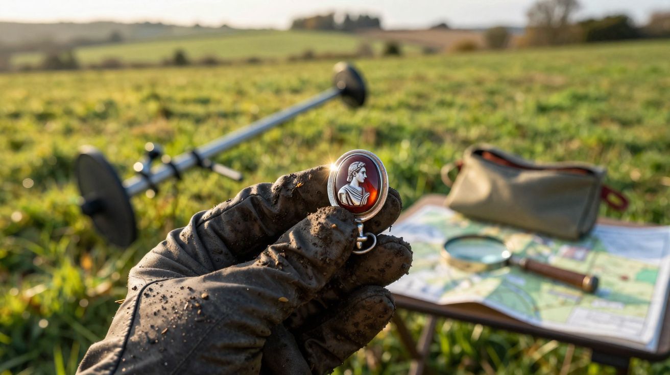 Pessoa com luva segurando medalhão antigo encontrado em campo, detector de metais e mapa ao fundo.