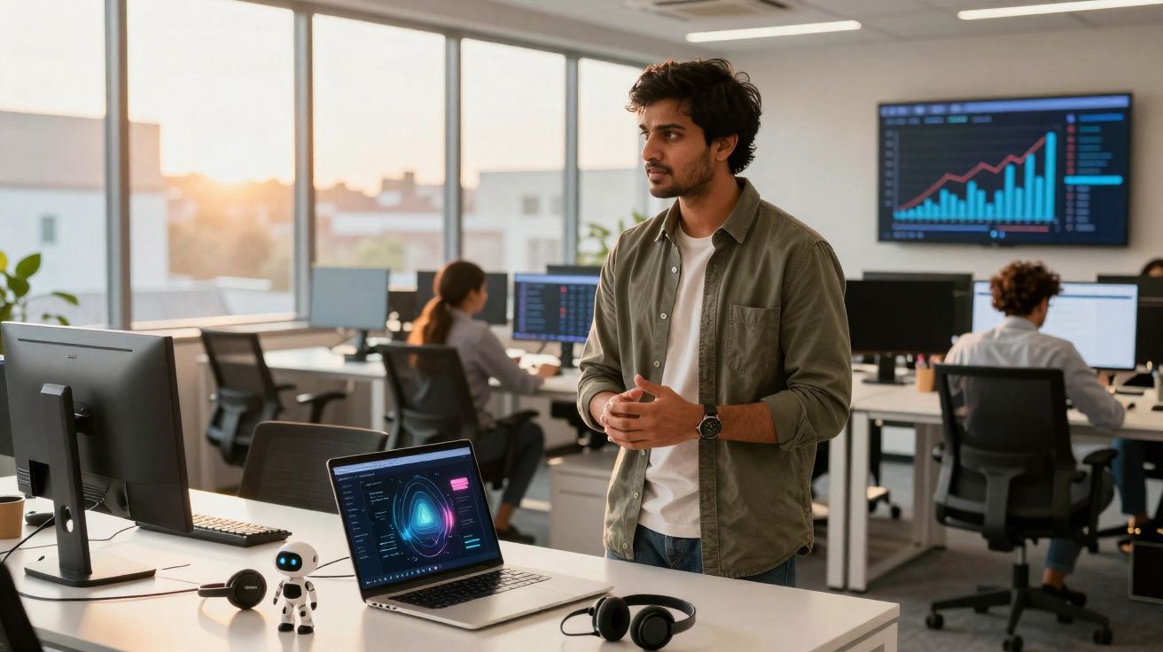 Jovem em escritório moderno com computadores e gráficos em telas, trabalhando em ambiente tecnológico.
