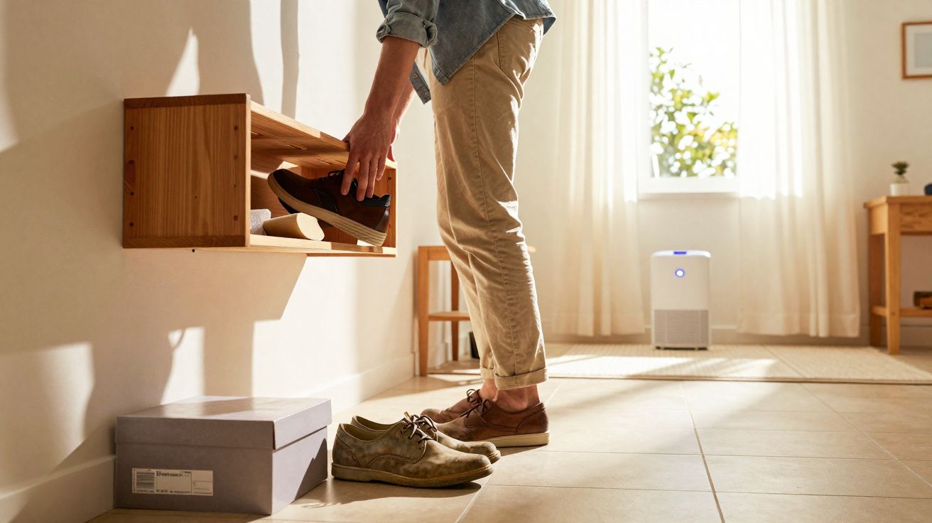 Pessoa guardando sapato em estante de madeira em ambiente iluminado com ar-condicionado portátil ao fundo.