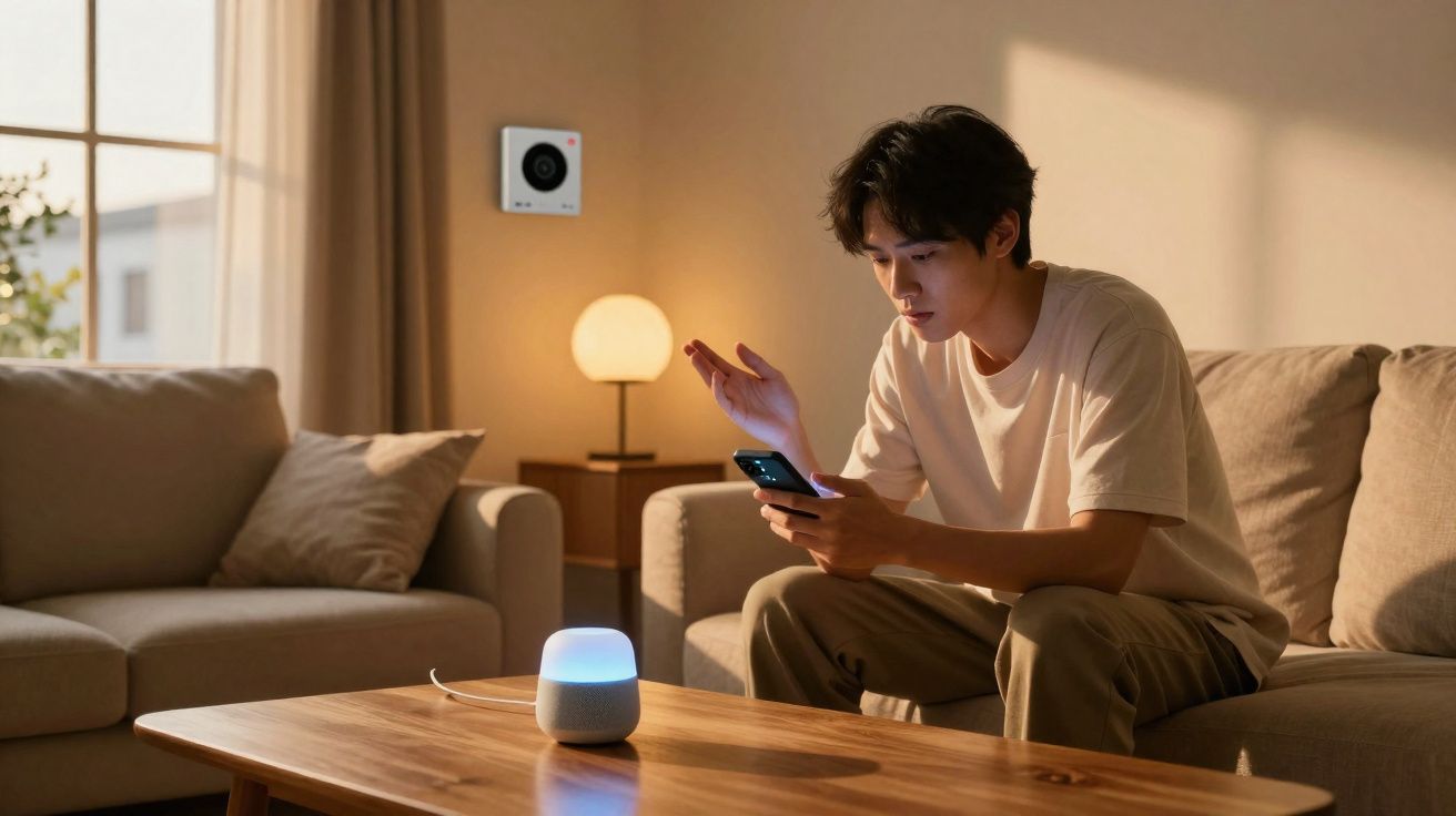 Homem usando celular sentado em sofá em uma sala com luminária, câmera de segurança e assistente virtual sobre a mesa.