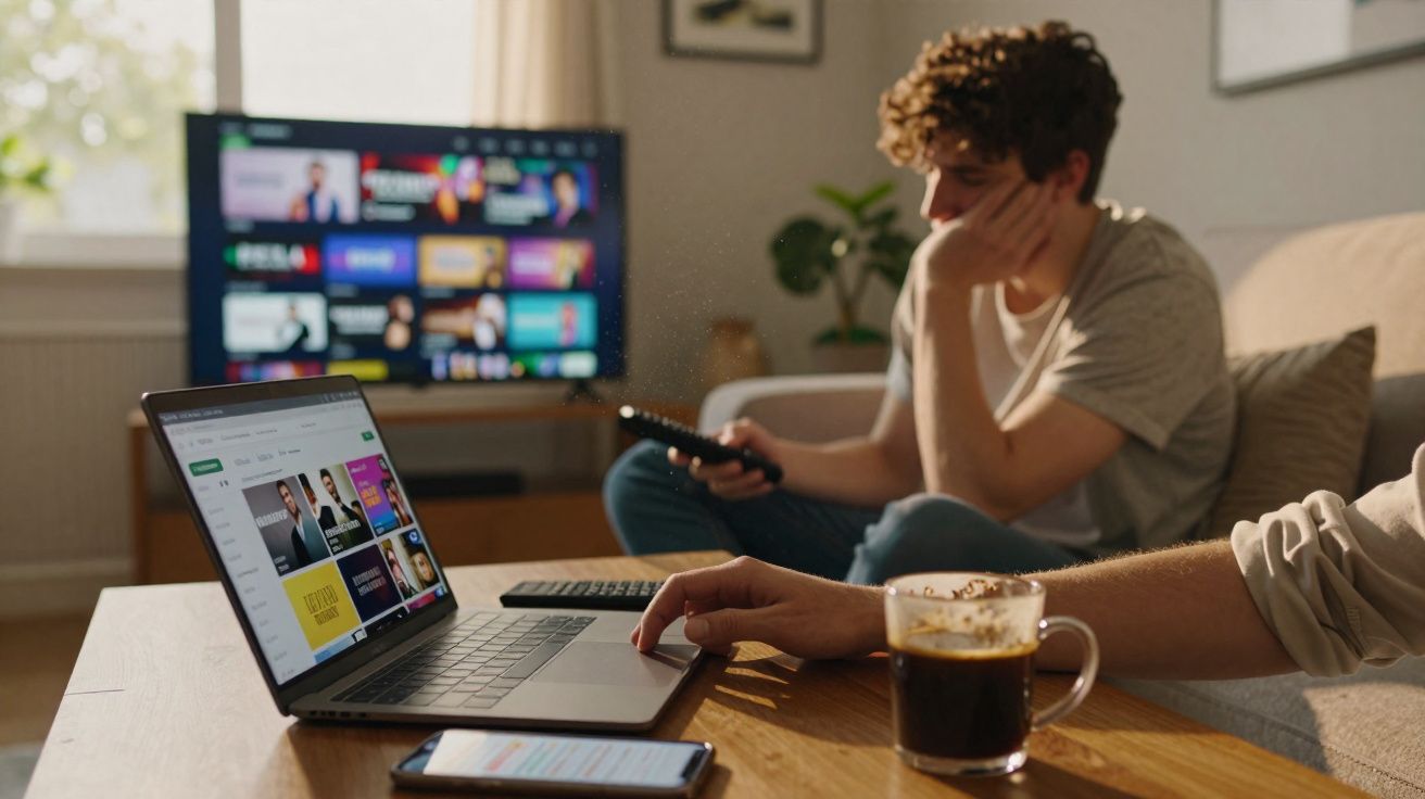Pessoa usando laptop e outra assistindo TV no sofá, com café e celular na mesa.